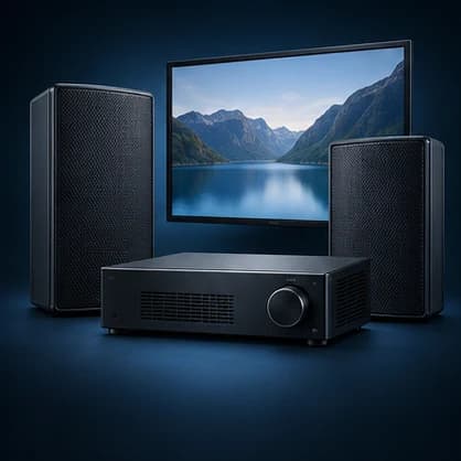 Audio Systems professional equipment in a blue-lit studio