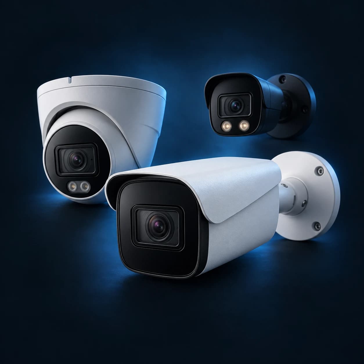 Three professional bullet and turret CCTV cameras with soft blue studio lighting